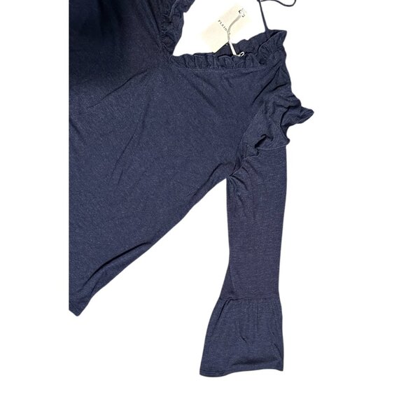 Pleione Ruffled V Neck Bell Sleeve Tie Back Top Womens Large Navy Blue - Picture 5 of 8